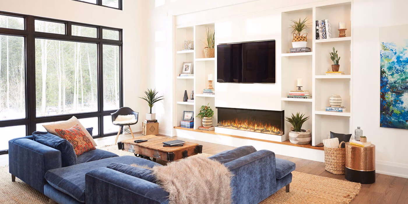 Napoleon Trivista Primis 3-sided electric fireplace integrated into a luxury living room wall